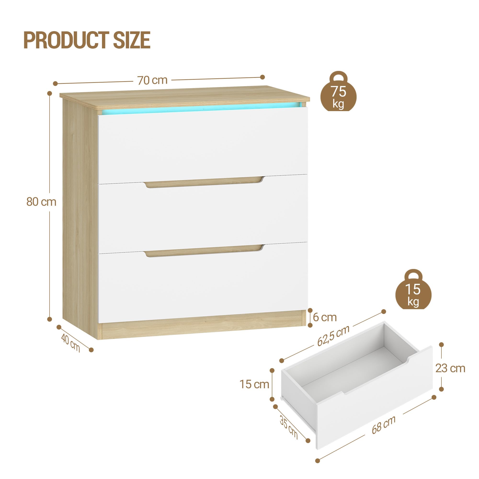 Hzuaneri Cassettiera, 3 Cassetti, Cassettiera Camera da Letto con Striscia Luminosa a LED, Stile Moderno, Adatto per Soggiorno, Camera da Letto, Corridoio, 40 x 70 x 80 cm, Bianco-Rovere EDC01331XEU