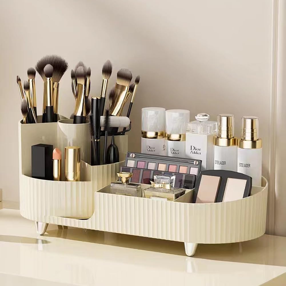 Makeup Organizer for Vanity, 360° Rotating Countertop Makeup Organizer with Brush Holder, Large Capacity for Cosmetics, Skincare, Perfumes -Cream