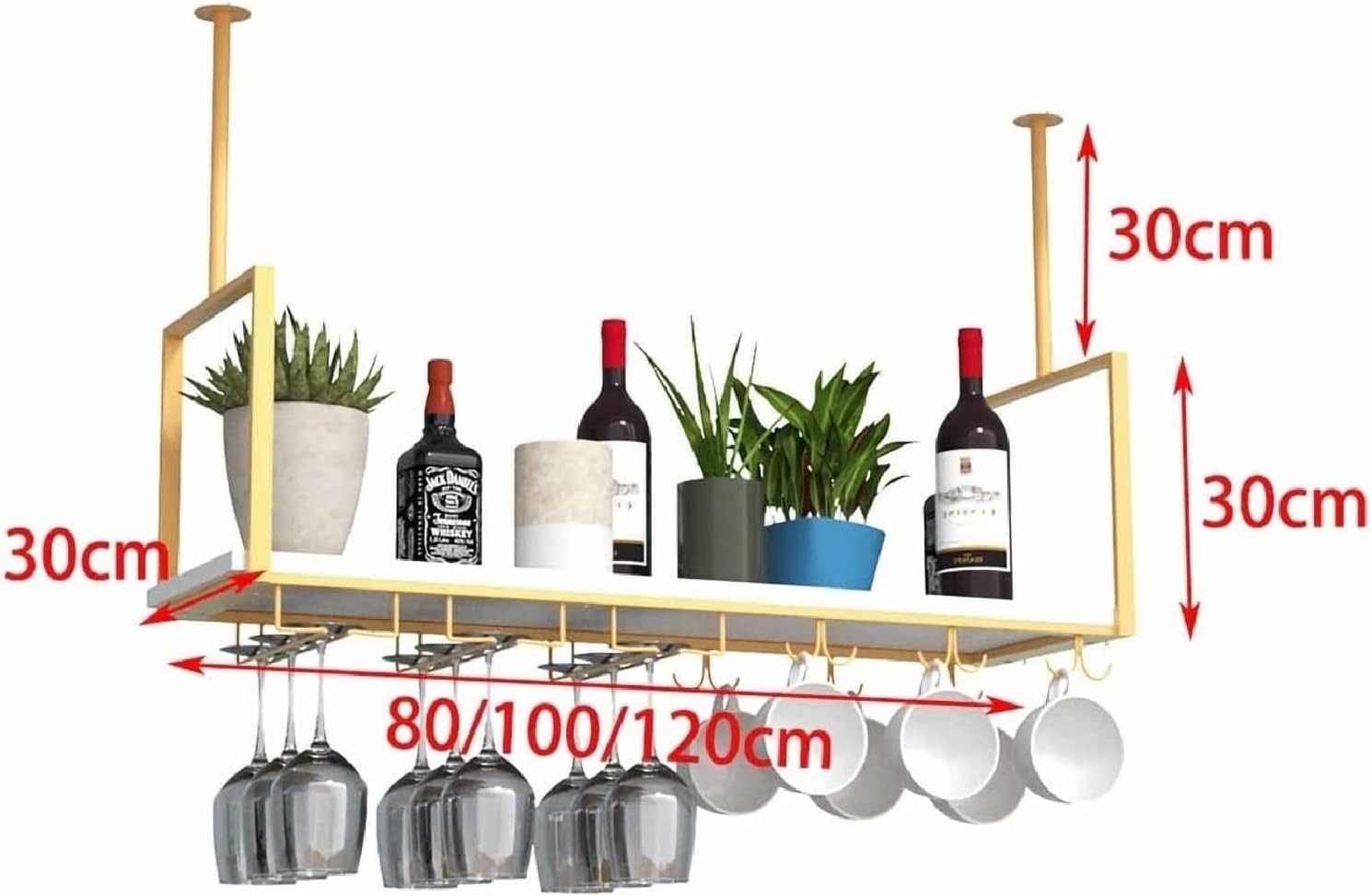 Ceiling Shelf - Ceiling Suspended Wine Glass Holder, Indoor Hanging Storage Rack, Wall Mounted Wrought Iron Bottle/Plant Holder, Bar/Kitchen Display Rack (Size : 80 * 30 * 60cm)