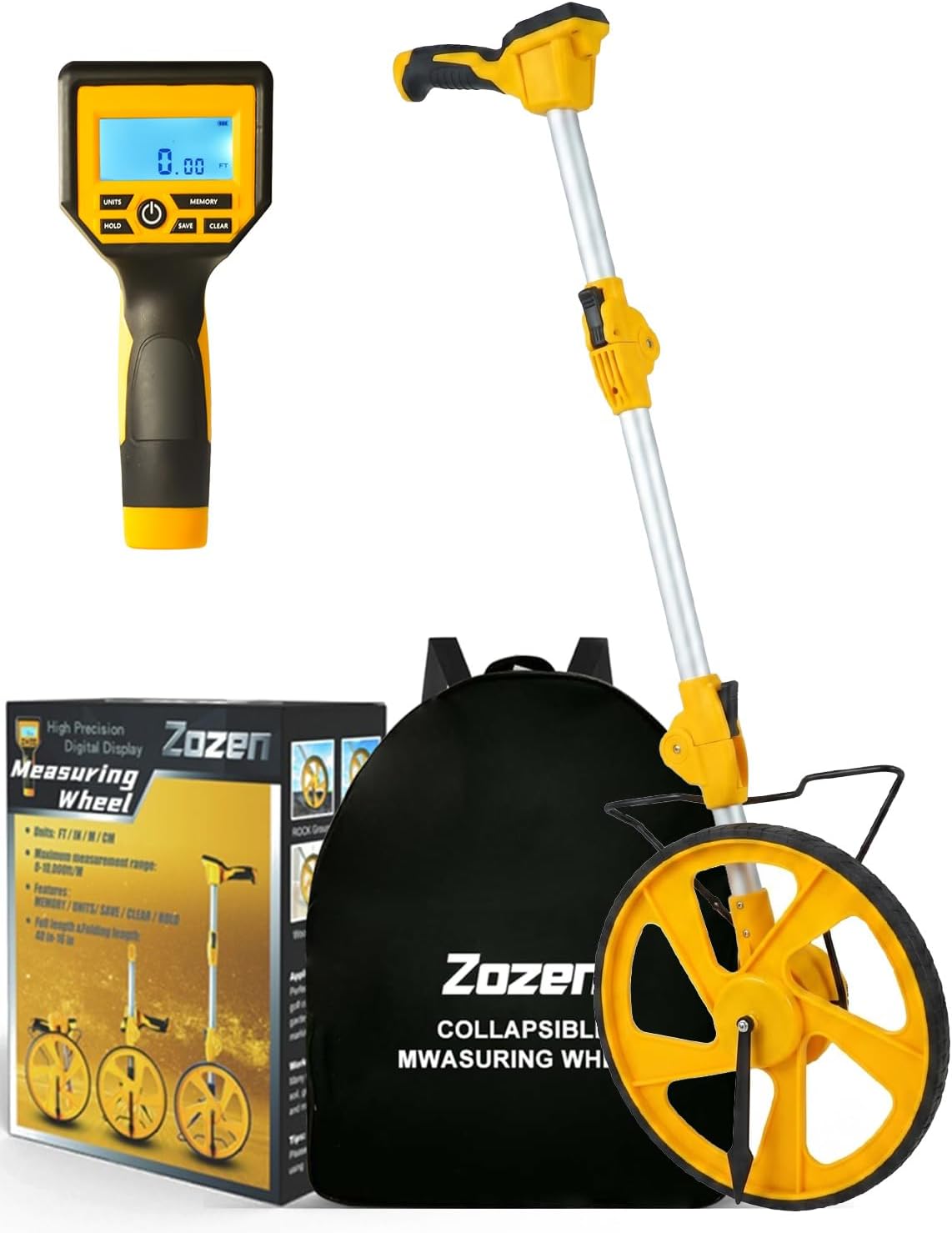 Zozen Measuring Wheel Digital Display, 3-Sections Foldable, Imperial/Metric Measure Wheel with Backlit Display | Up to 99,999Ft/ 99,999M | Kickstand to Keep Stand |Portable, Include Cloth Backpack.