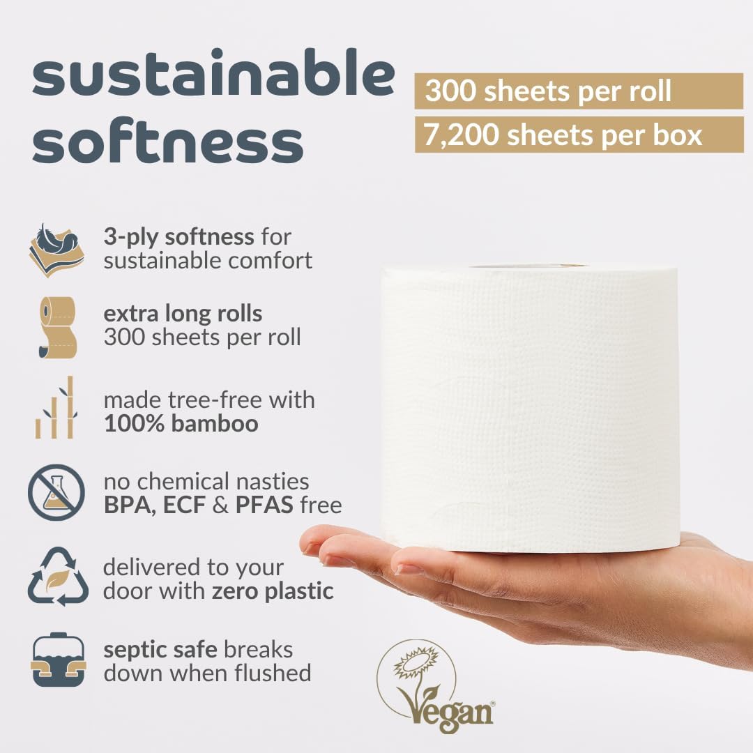 Bumboo Bamboo Toilet Roll 24 Pack | Toilet Paper 3 ply, 300 Sheets | Plastic-Free, Soft, Strong, Sustainable & Biodegradable Toilet Tissue