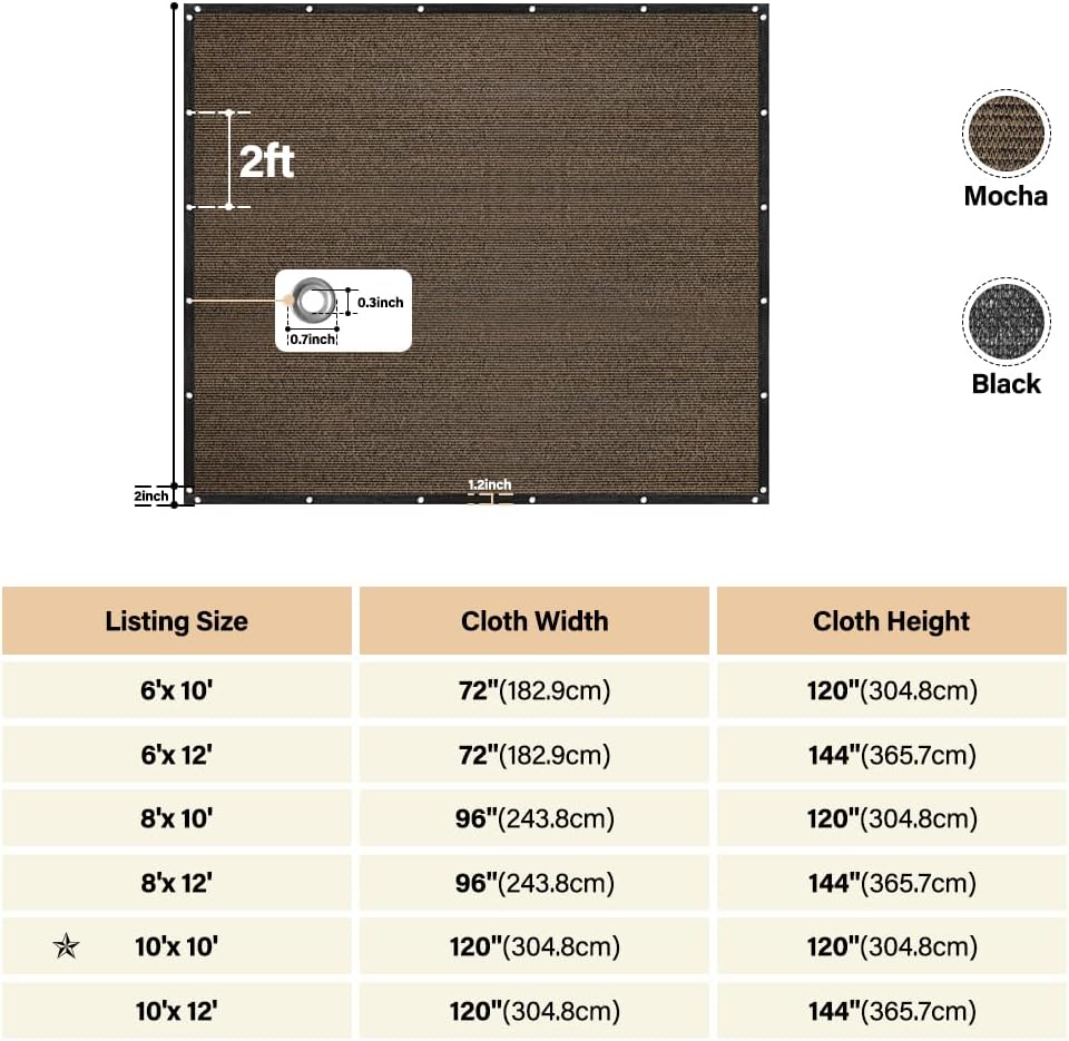 Kokorona 90% Sun Shade Cloth with Grommets, 10' x 10' Pergola Shade Cover for Outdoor Patio, Mesh Tarp Patio Sun Screen Blocking Sunshades Cloth for Garden, Backyard, Outside, Mocha