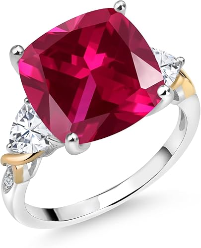 Miniatura 3 de Gem Stone King Anillo de plata 925 y amarillo rojo rubí creado moissanita y diamantes para mujer (8.95 quilates, cojín de 0.472 in y trillón de