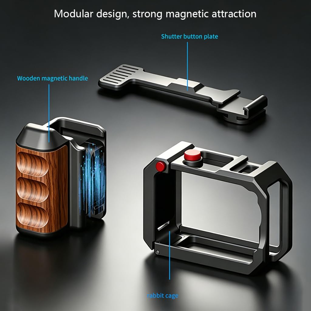 2 in 1 Street Photography Handle & Magnetic Camera Cage with 1/4'' Expansion Holes, Cold Shoe Mount Compatible with Action 6/5pro/4/3 (for Action5pro/4/3 Black)
