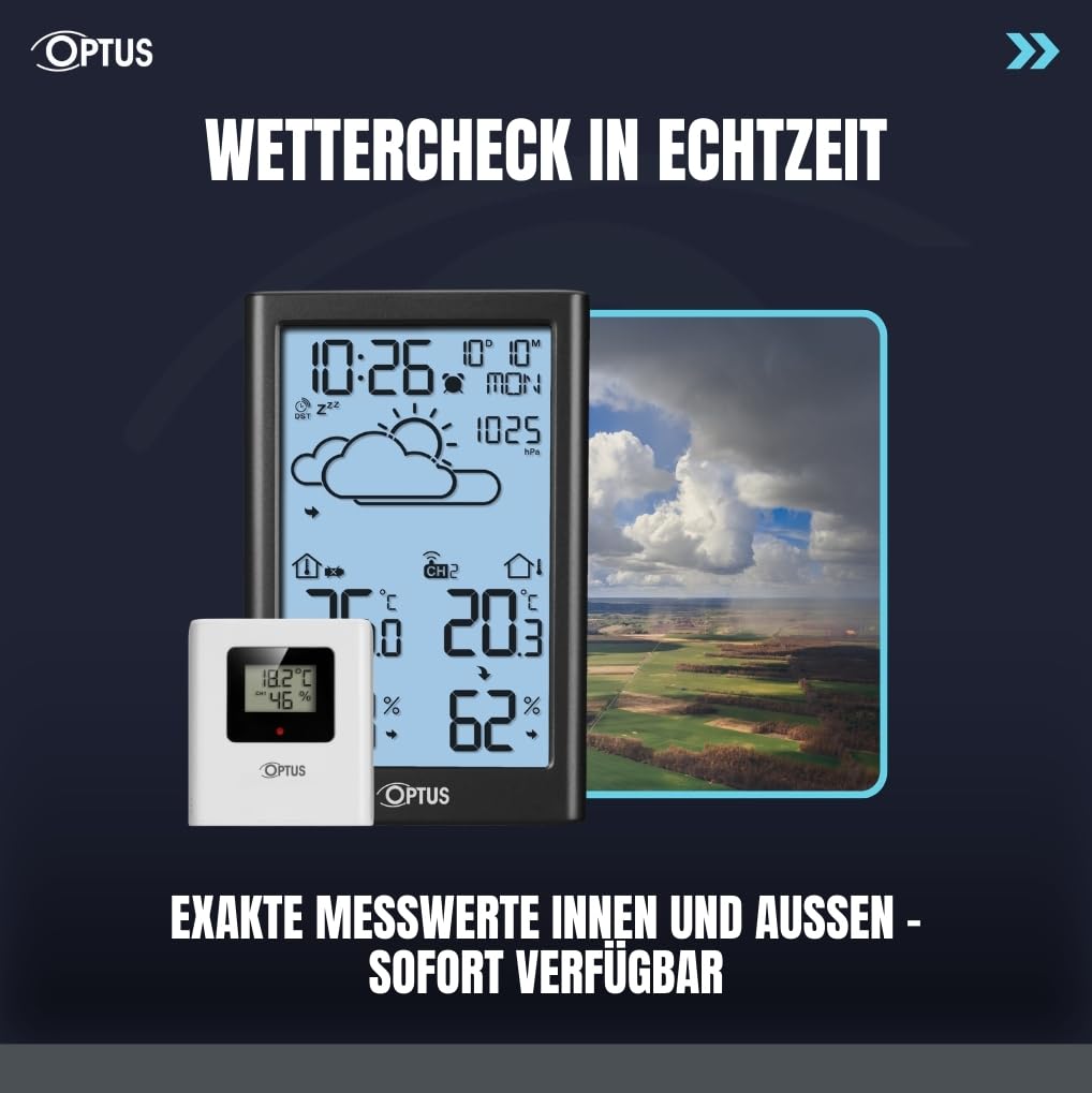 Optus estación meteorológica inalámbrica con sensor exterior, reloj DCF, alerta de heladas, temperatura y humedad interior y exterior, negro