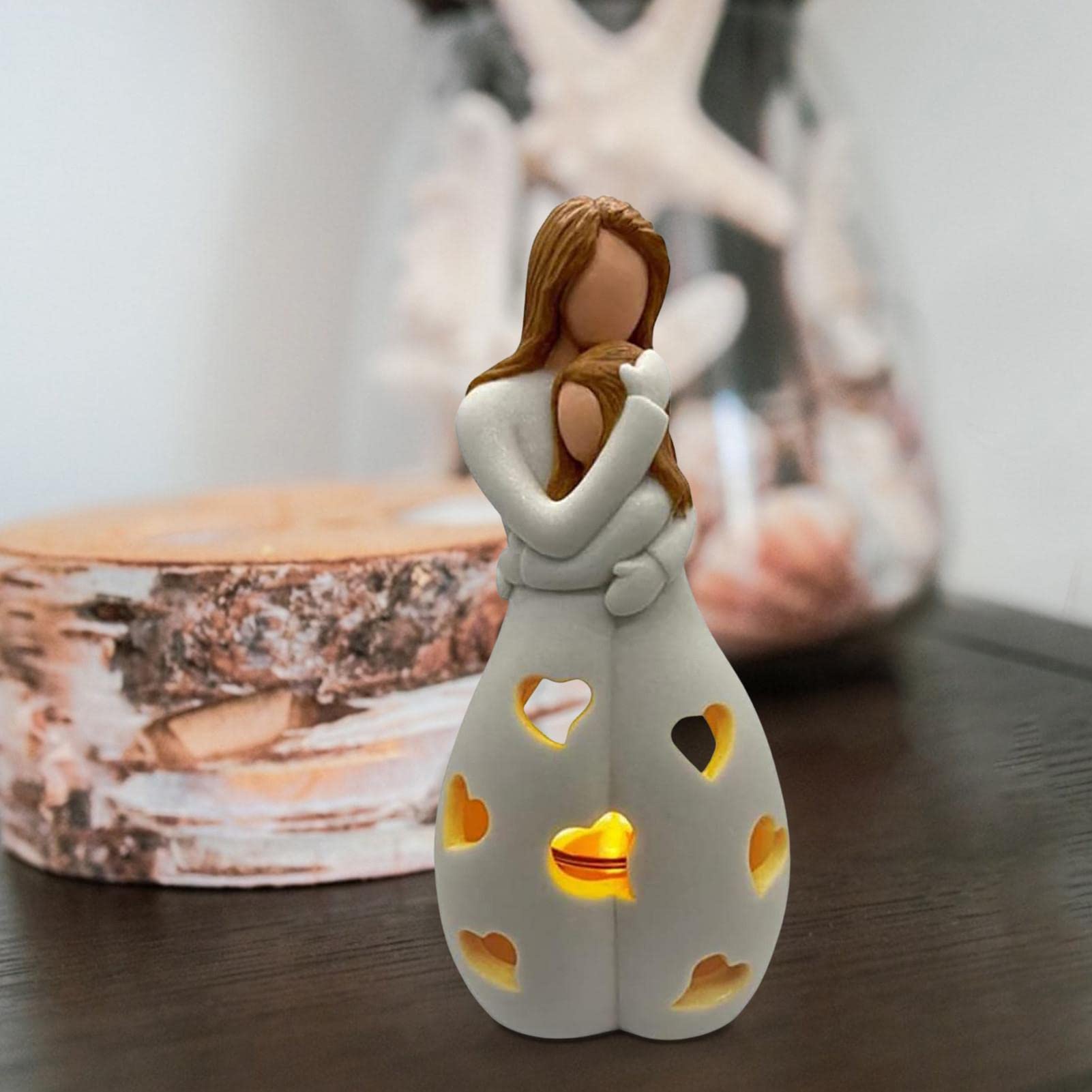 Regalo Mamma Figlia – Statua Portacandele In Resina Con Abbraccio E Cuore, Luce LED Tremolante Inclusa Per Festa Della Mamma