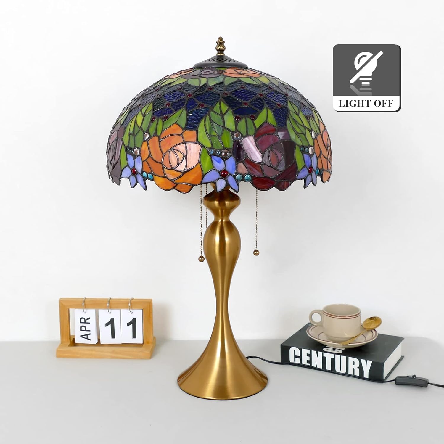 Tiffany Table Lamp Handmade Stained Glass Desk Lamps Gifts Iron Art Base 16" Wide 24" Tall Double Color Roses Style Vintage Reading Lamp for Office, Living Room, Bedroom, Study Room