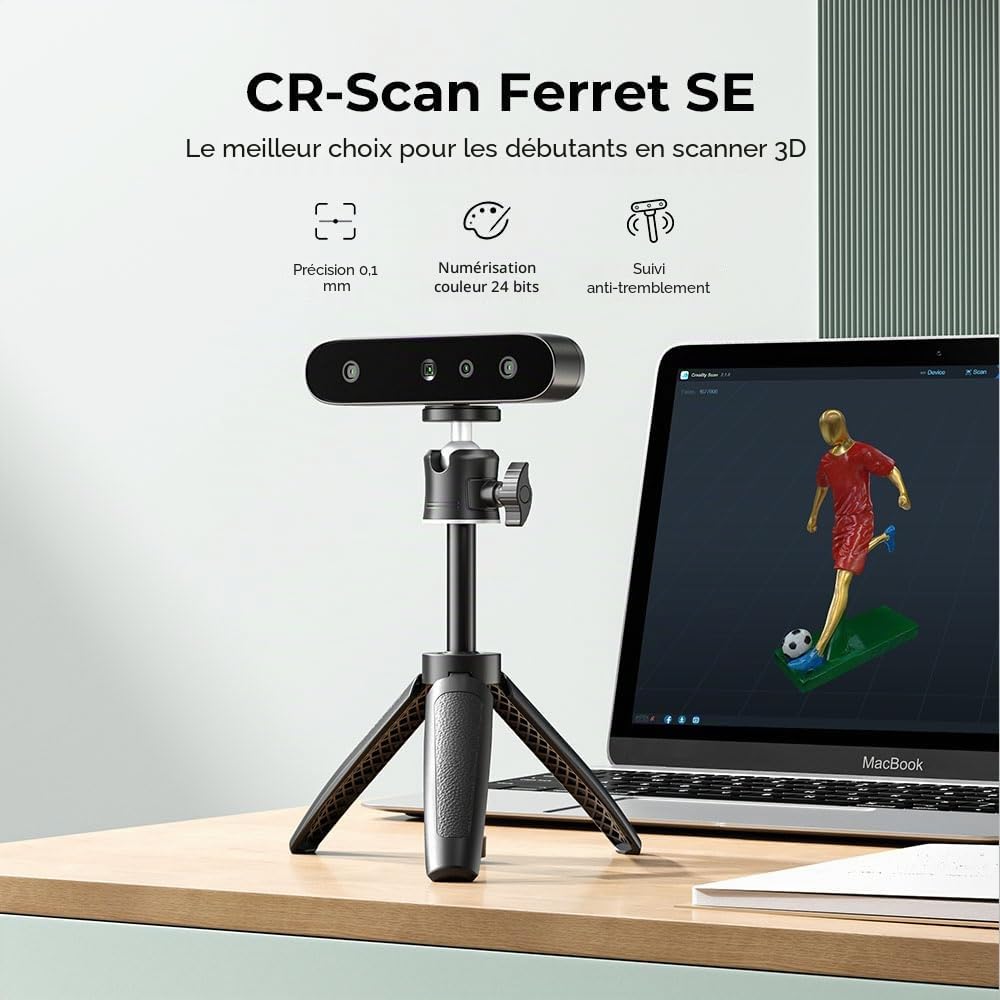 Scanner 3D pour Imprimantes 3D, CR-Scan Ferret SE Machine de Numérisation Portable, 30FPS Vitesse Numérique & 0.1mm Précision, ASIC Chipset Pleine Couleur, Compatible pour PC Windows/Mac OS