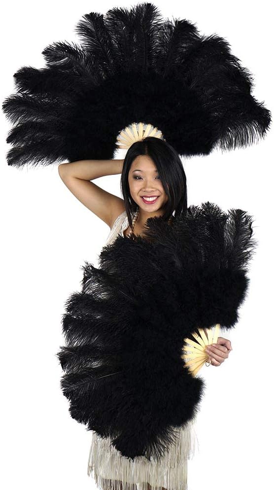ZUCKER Large Ostrich Feather Fan - Vintage Costume Folding Hand Fan - Burlesque Showgirl Costume Decorative Fan for Women