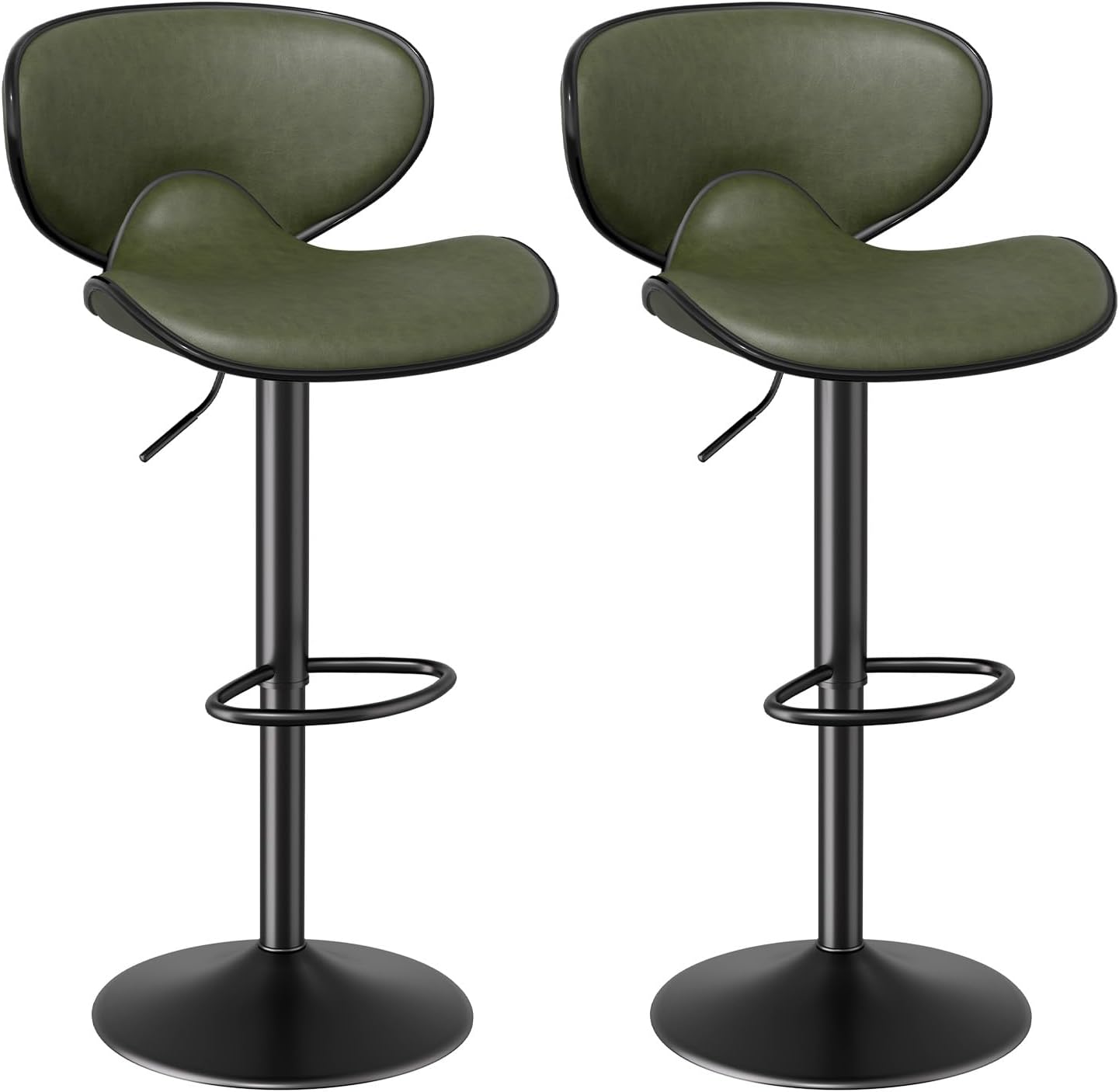 Bar Stools Set of 2, 360° Swivel Counter Height Barstools Adjustable Height, Leather Upholstered Bar Chair with Backrest and Footrest for Bar, Kitchen, Dining Room Green