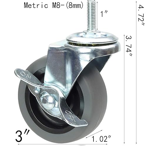 Miniatura 7 de Juego de 4 ruedas giratorias de 3 pulgadas, ruedas de bloqueo, capacidad total de 330 libras, ruedas métricas de poliuretano con vástago roscado
