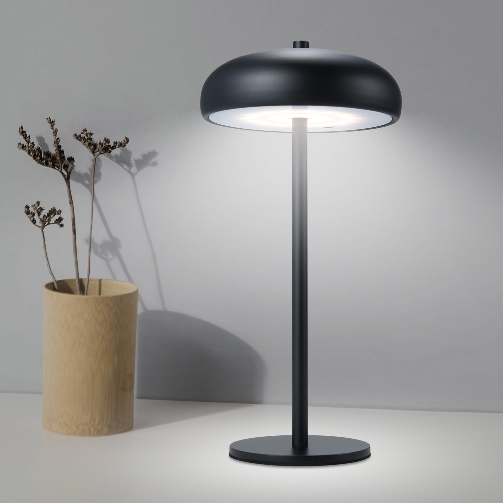 Lixada Lámpara de mesa LED inalámbrica, lámpara de mesa con batería, regulable y recargable con USB-C, lámpara de escritorio redonda, lámpara de seta y lámpara de mesita de noche, metal negro con