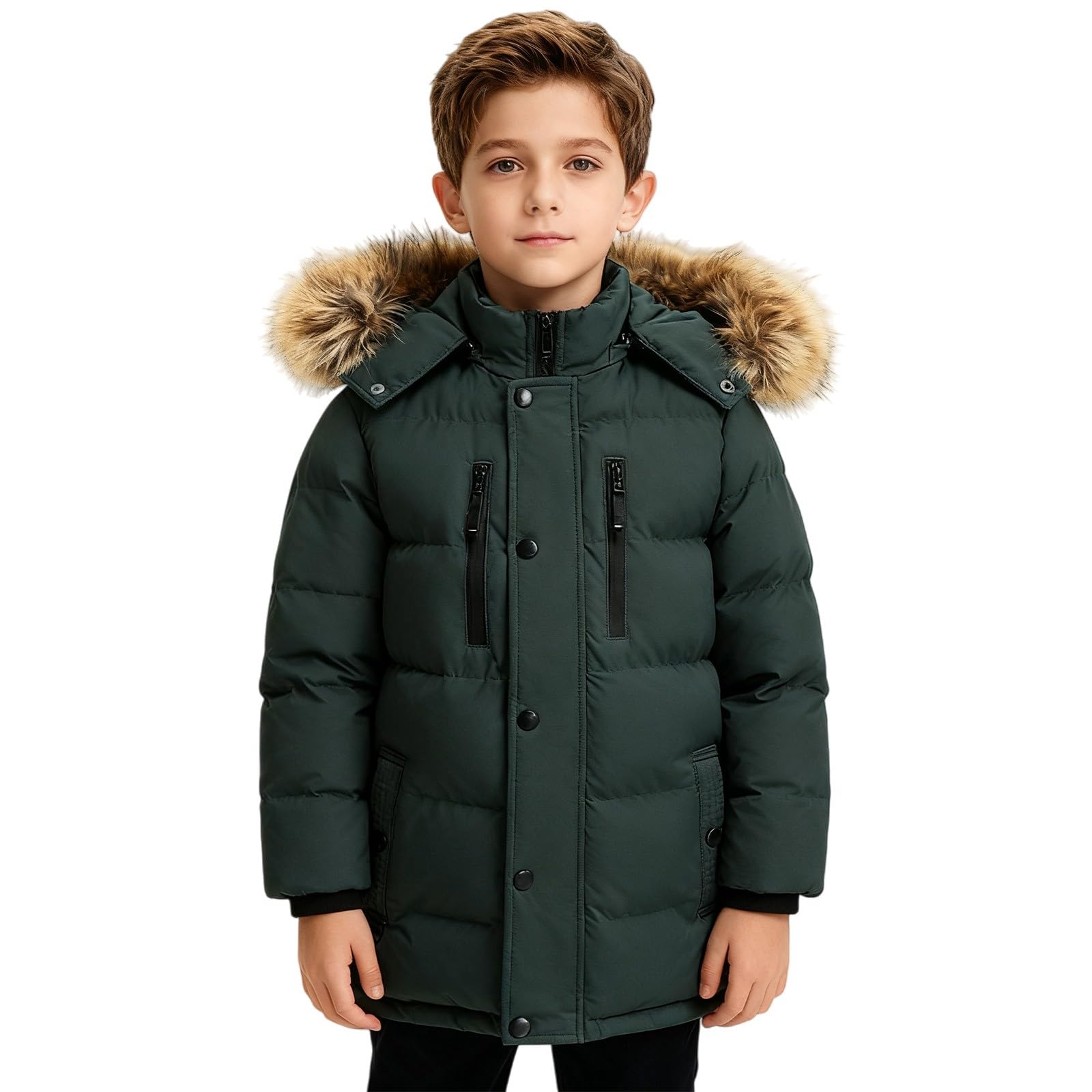 Piumino per bambini con cappuccio in pelliccia e tasche, tinta unita, giacca invernale, impermeabile, comodo, morbido, giacca a vento, giacca con cappuccio, leggera, alla moda, per attività all'aria