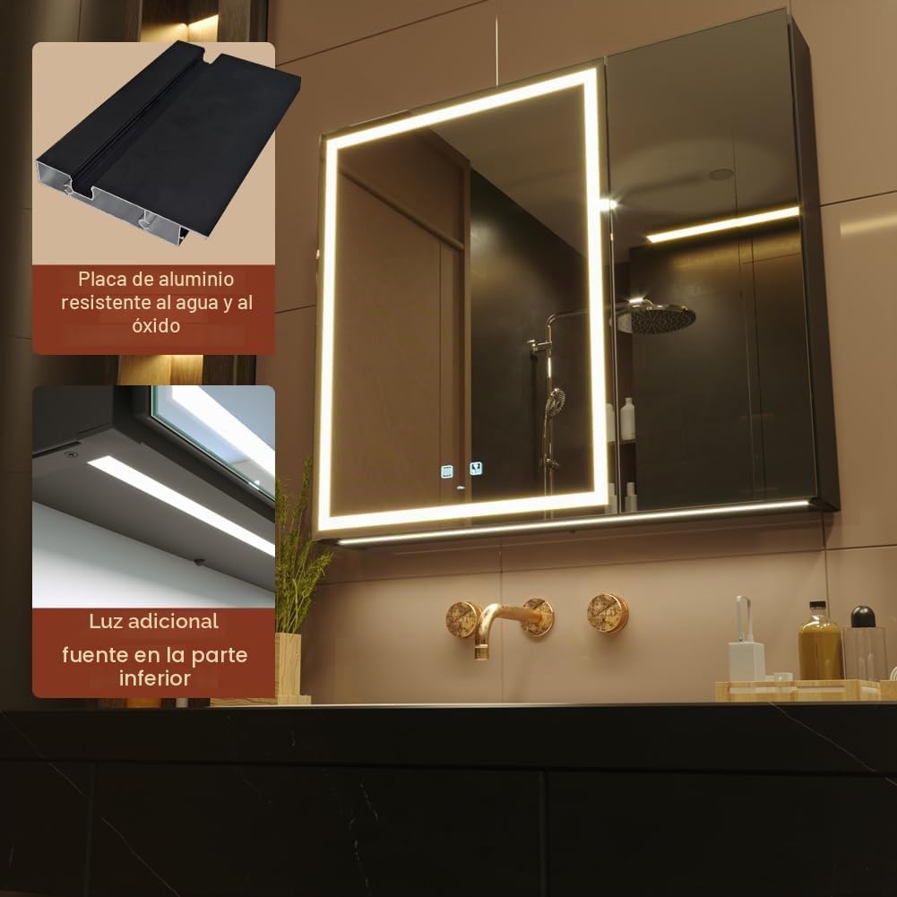 KWW LED Ilumina el Botiquín del Baño, con Espejo, Temperatura de Color Ajustable, luz Antiniebla, Enchufe y USB, Botiquín Montado en La Pared (2 puertas-75×70)