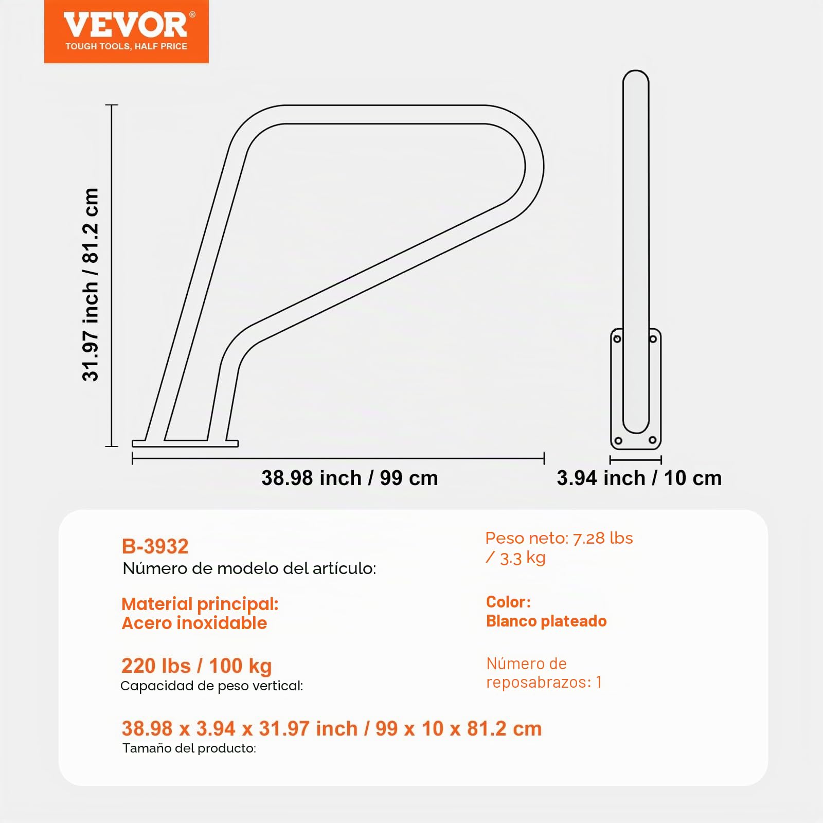 VEVOR Barandilla para Piscina 990 x 100 x 812 mm, Pasamanos para Piscina de Acero Inoxidable con Placa Base Barra de Seguridad Antioxidante para Piscinas, Interiores, Exteriores, Terrazas, Spas