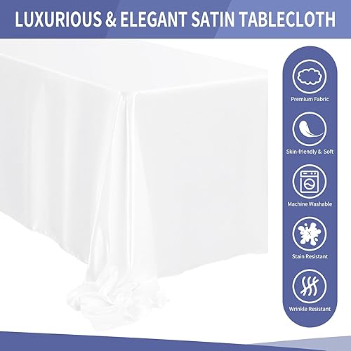 Miniatura 4 de Paquete de 10 manteles de satén de 90 x 132 pulgadas, color blanco, rectangular, de satén sedoso, mantel de tela suave de seda brillante, cubierta