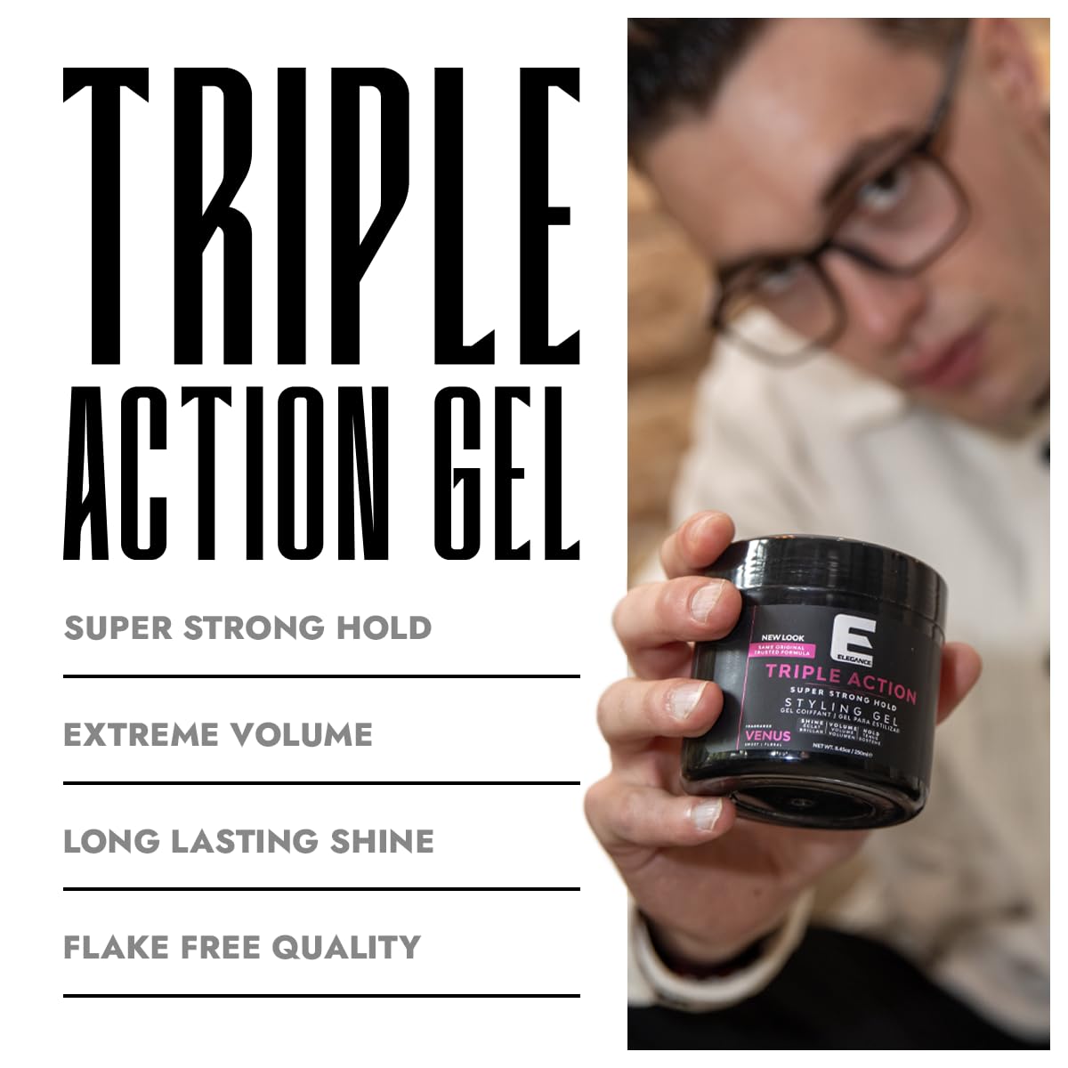 E Elegance Earth Fragance Triple Action Hair Gel - Super Strong Hold, Extreme Volume, Long Lasting Shine - Flake Free, Refresshing Fragrance - Todos los tipos de cabello, 16.9 oz