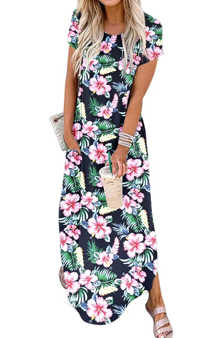 Jeqeocafy Women Summer Long Sundress Crewneck Short Sleeve Maxi Dress 2026 Casual Loose Beach Dress with Pockets