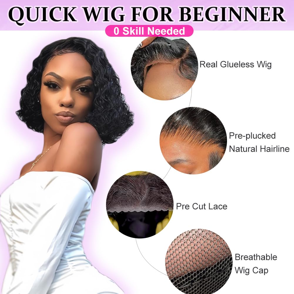 Left Side Part Bob Wig Human Hair Glueless Wigs Human Hair Pre Plucked Pre Cut Hd Lace Closure Wear and Go Glueless Wig Short Black Curly Wig 12 Inch Brazilian Human Hair Wigs for Black Women