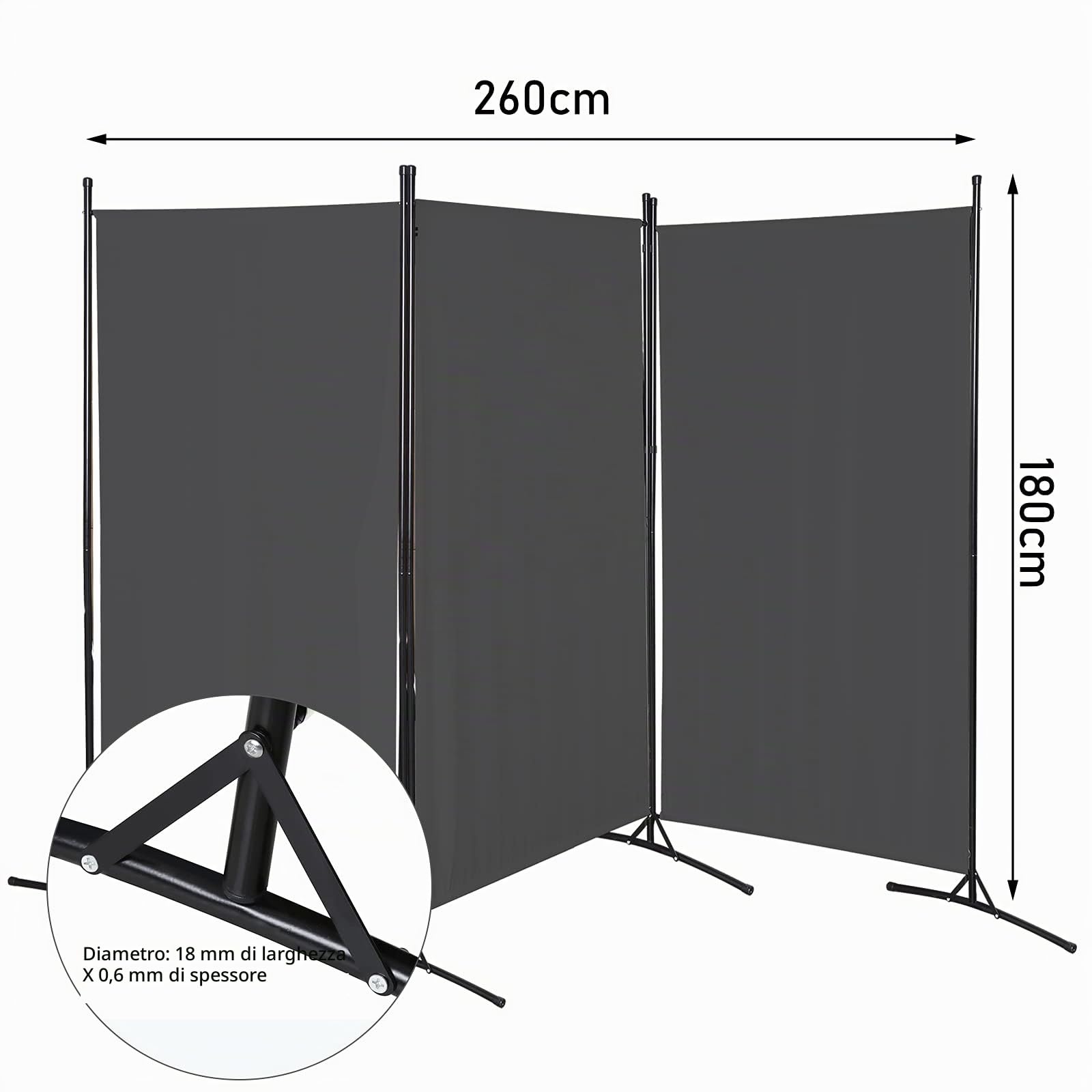Paravent 260 x 180 cm, divisorio grande da giardino, divisorio per balcone, protezione privacy, 3 pezzi, paravento per uffici, balconi, antracite