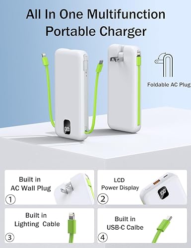 Miniatura 2 de Cargador portátil con cables integrados y enchufe de pared de CA, cargador de batería de 10000 mAh, carga rápida USB C para iPhone, Samsung,
