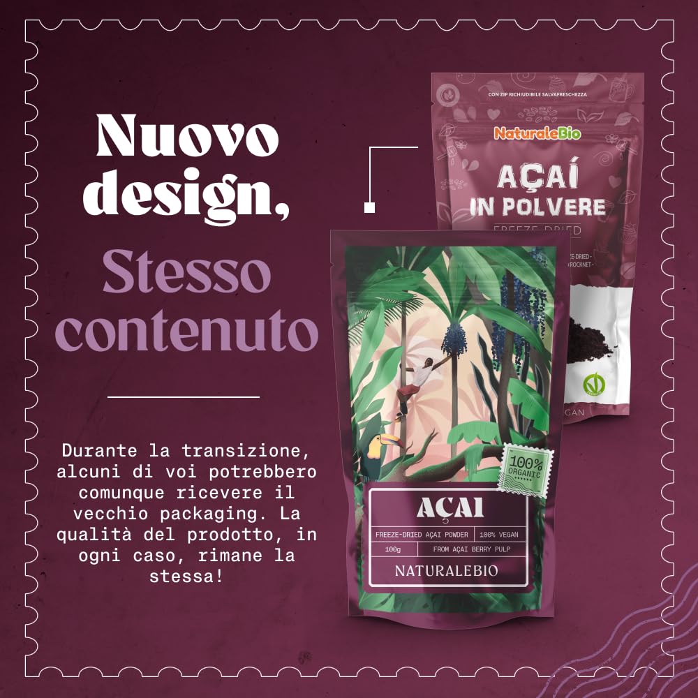 NaturaleBio Bacche di Acai Biologiche in Polvere - Freeze-Dried - 200 gr. Prodotto in Brasile, Liofilizzato, Crudo ed Estratto dalla Polpa della Bacca di Açai.
