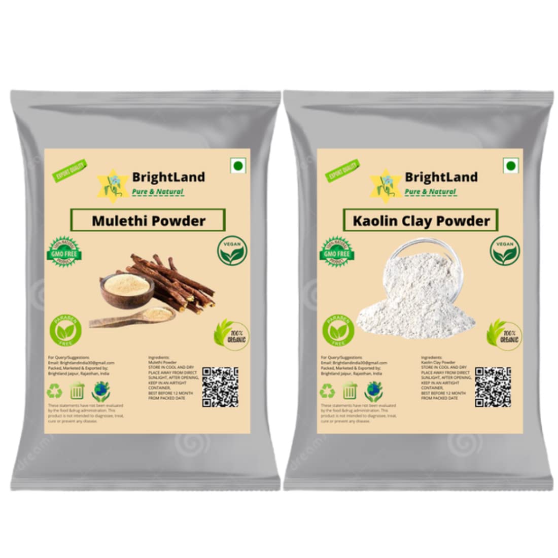 Brightland 100% Organic Mulethi Powder & Kaolin Clay Powder For Face & Skin (100gm Each) 200gm