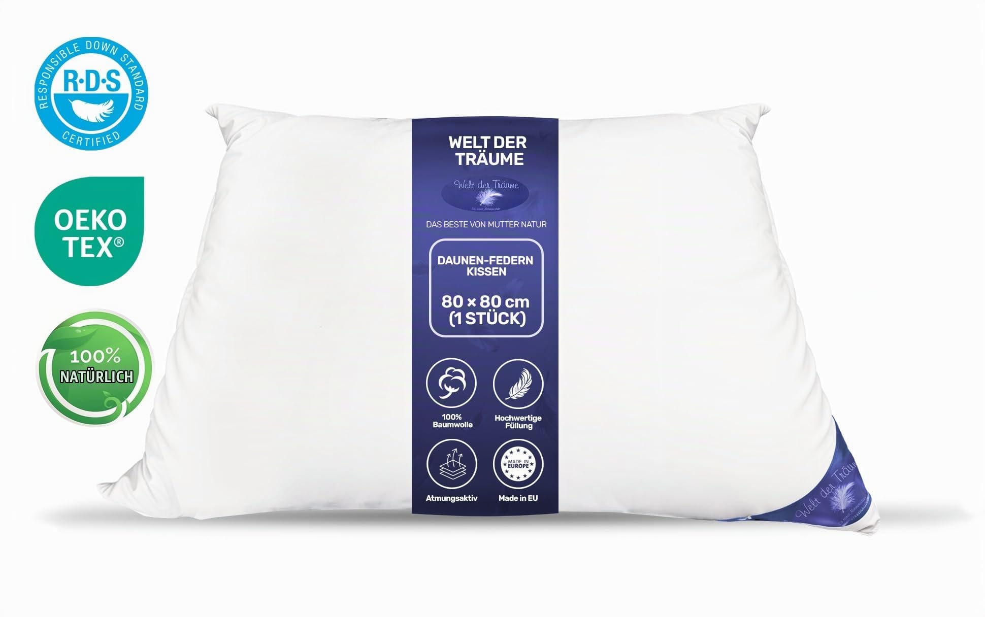 Welt der Träume 1 Stück Daunenkissen | 3 Kammer Kopfkissen | Dreikammerkissen 80x80 cm | Füllgewicht: 1400 Gramm | 100% Baumwollbezug | Federkissen | kein Lebendrupf | weiß