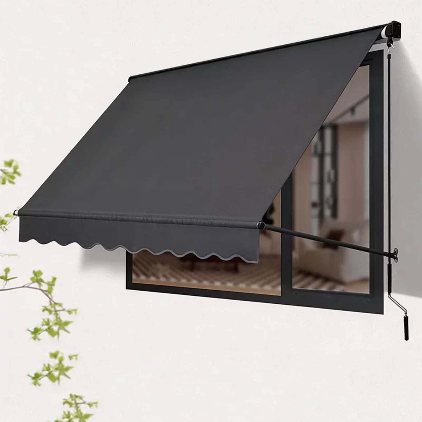 Retractable Awning with Manual Crank Handle Aluminum Frame Door Canopy UV Resistant Outdoor Manual Retractable Awning Cover(Dark gray,1.5m/5ft)