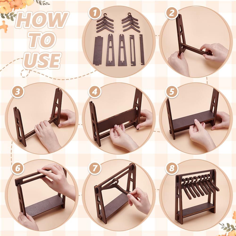 UNICRAFTALE Wood Clothe Rack Dolls Hanger with 10Pcs Clothes Hanger Small Dolls Clothes Racks Coconut Brown Mini Dress Up Storage Doll Garment Rack for Doll Accessories 19x5.2x21cm for Adult - Image 4
