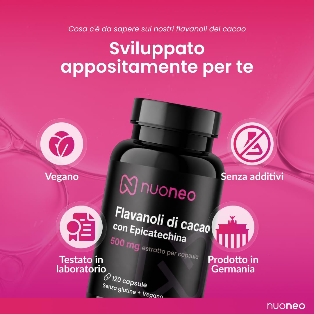 Flavonoli del cacao 250 mg con 22,5 mg di epicatechina per capsula – Flavonoidi del cacao 120 capsule – Bioflavonoidi – Supporta l'elasticità vascolare e la circolazione sanguigna – nueneo