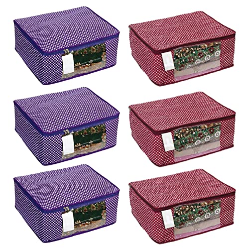 Image of Wardrobe Bag|Saree Cover Bag|Cotton Saree Cover Closet Orgnizer /Saree Bags for Wardrobe Orgnizer Clothe Covers |Saree Cover Bag|Cotton Cover (Pack of 6, Maroon + Purple)