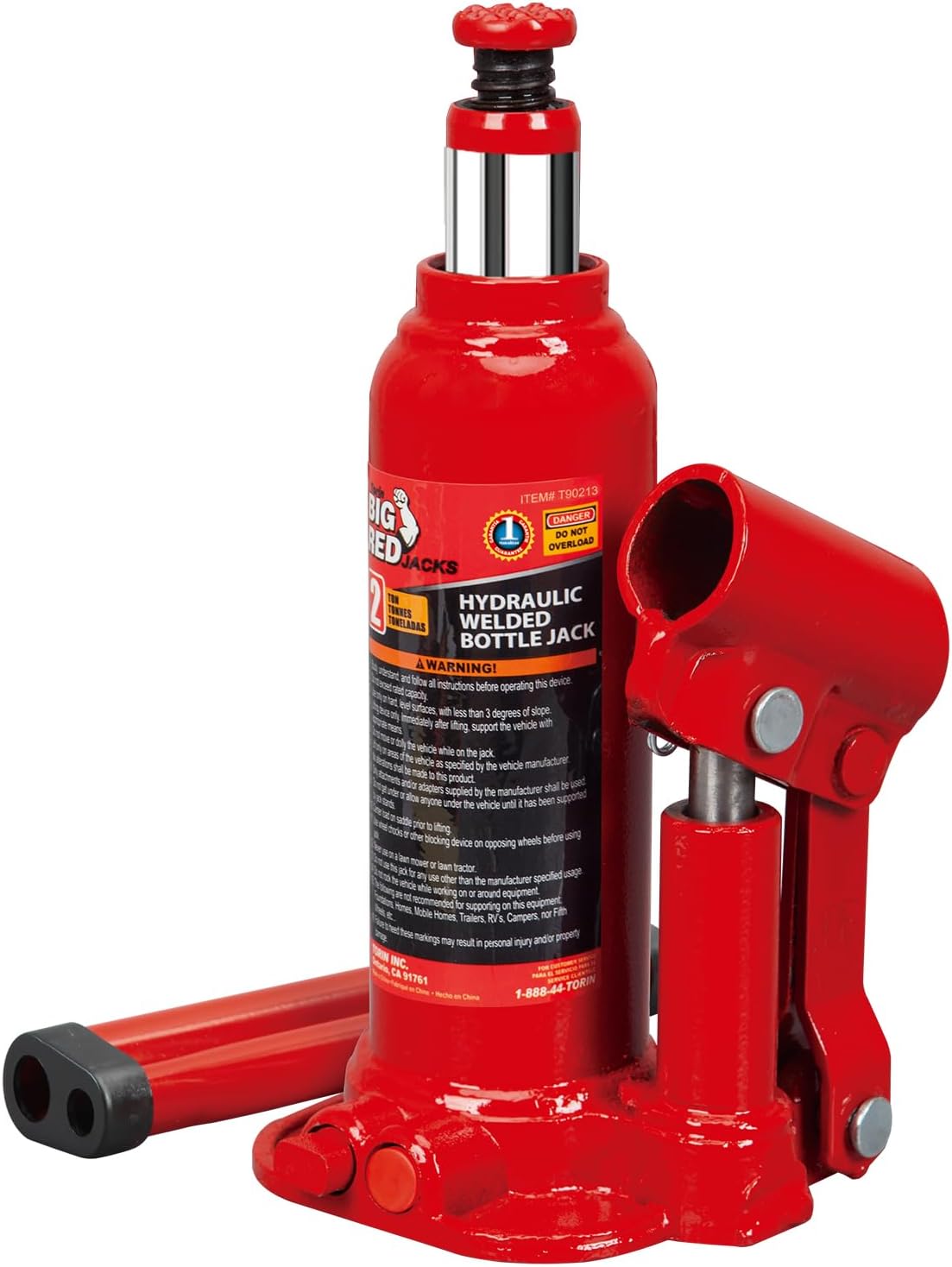 T90203B Torin Hydraulic Welded Bottle Jack, 2 Ton (4,000 lb) Capacity, Red