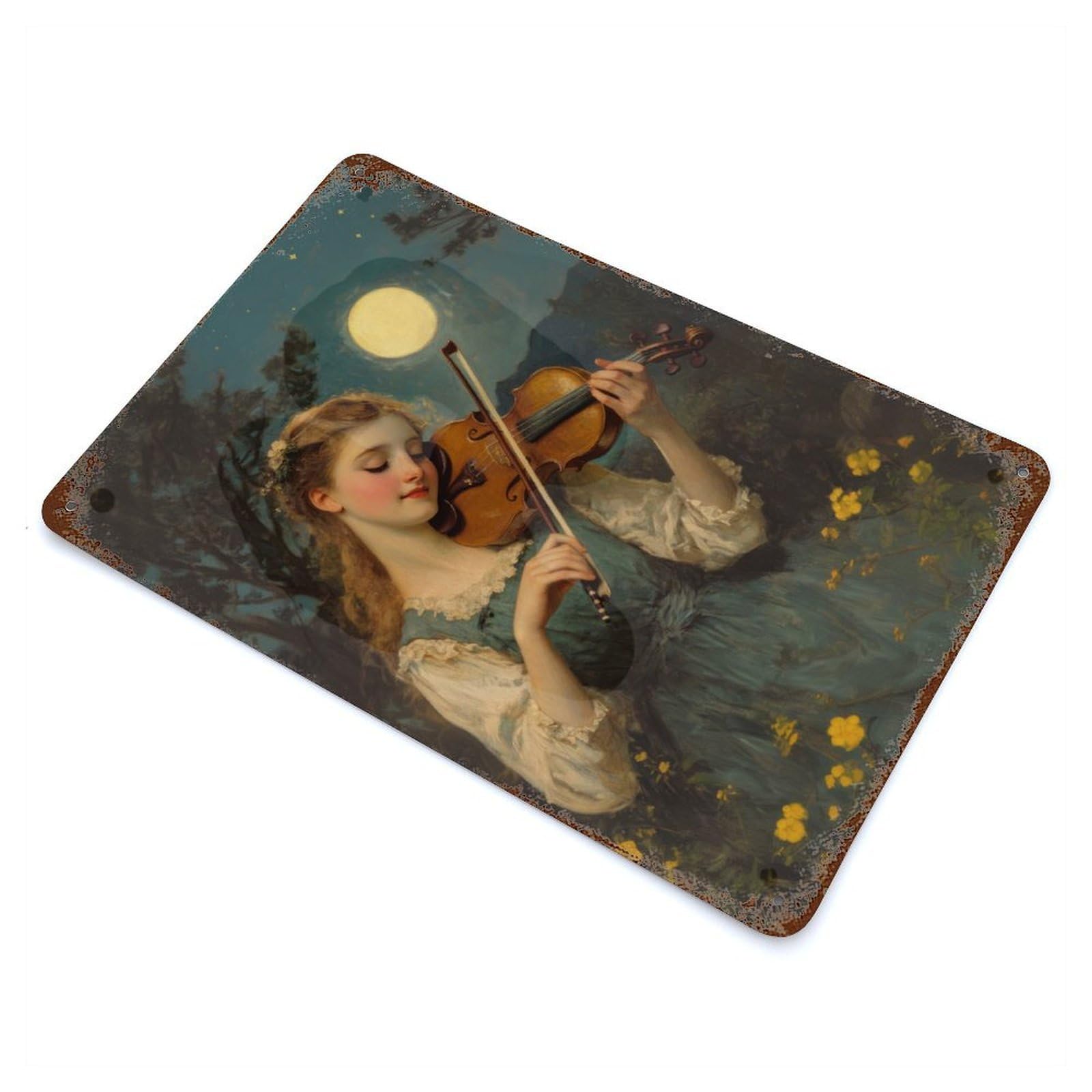 Rust Effect Moonlight Violinist Weathered Tin Sign 11.8"x7.9", Farmhouse Wall Decor for Farmhouse, Kitchen And Entryway Decor