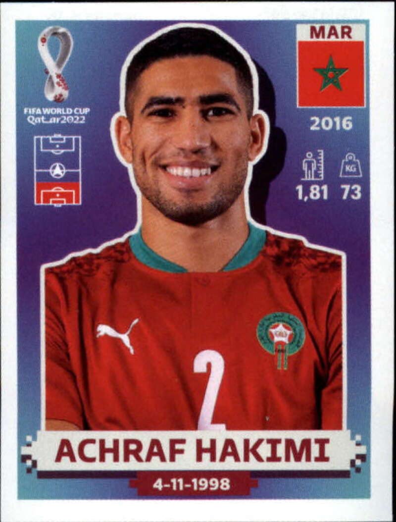 2022 Panini World Cup Qatar Stickers Soccer #MAR6 Achraf Hakimi Morocco Group F Officially Licensed Sticker Single Card (small, paper thin 49x69 mm)