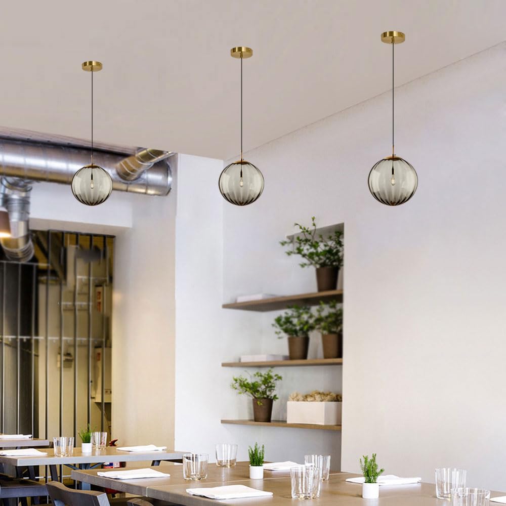 Lámpara Colgante de Estilo Industrial Moderno, lámpara Colgante esférica de Cristal Gris Ahumado, lámpara de Techo empotrada de un Solo Cabezal, Accesorios de iluminación para Isla de Cocina,