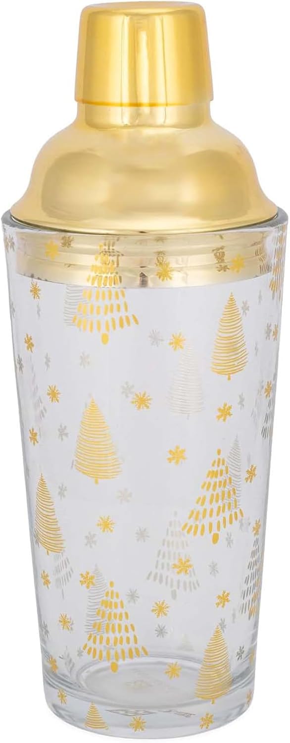 Mary Square Gold Tone Christmas Tree 20 ounce Glass Cocktail Shaker