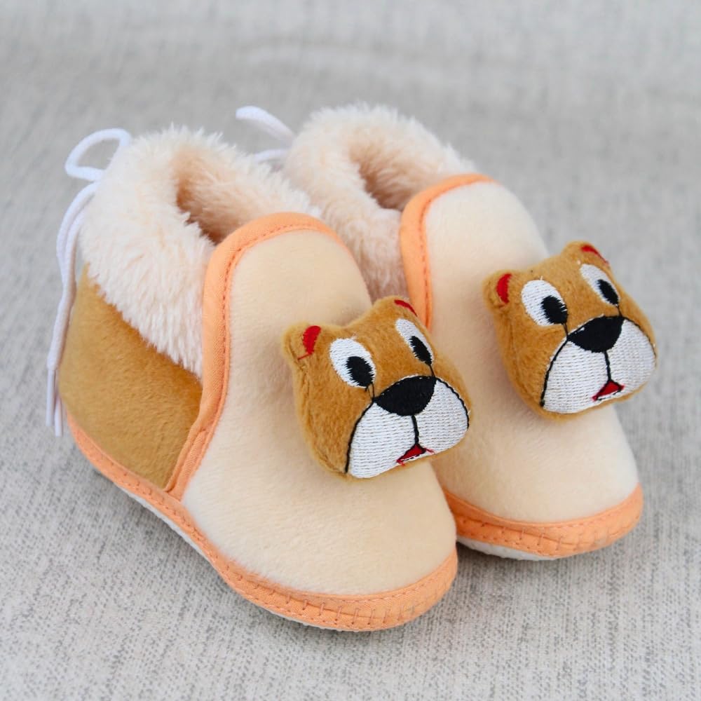 6 To 12 Months Baby Boys & Girls Fur Teddy Face Lace Brown Booties-BT5332-image-27