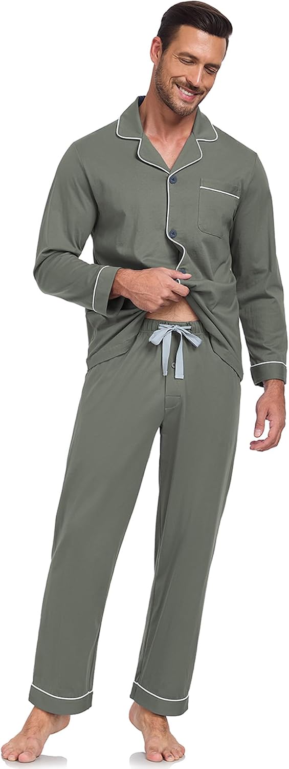 100% Cotton Men's Pajama Set Long Sleeve Long Pants with Pocket Breathable Pajama Set
