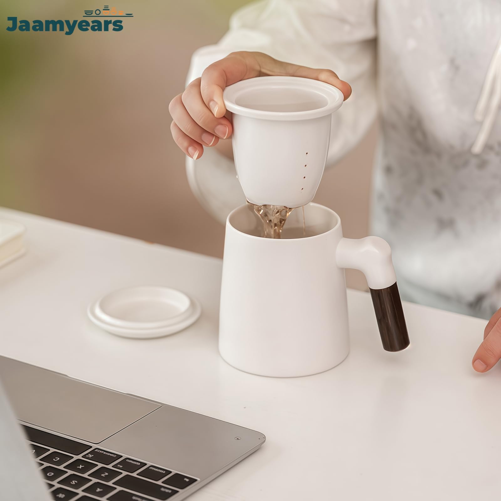 Taza de té con infusor y tapa, taza de café de cerámica con mango de madera, capacidad de 400 ml para té de hojas sueltas