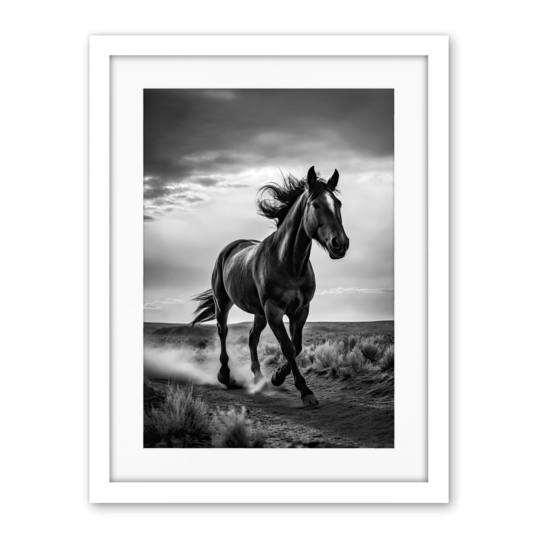 Artery8 Horse Galloping Desert Landscape Black and White Artwork Framed Wall Art Print 18X24 Inch