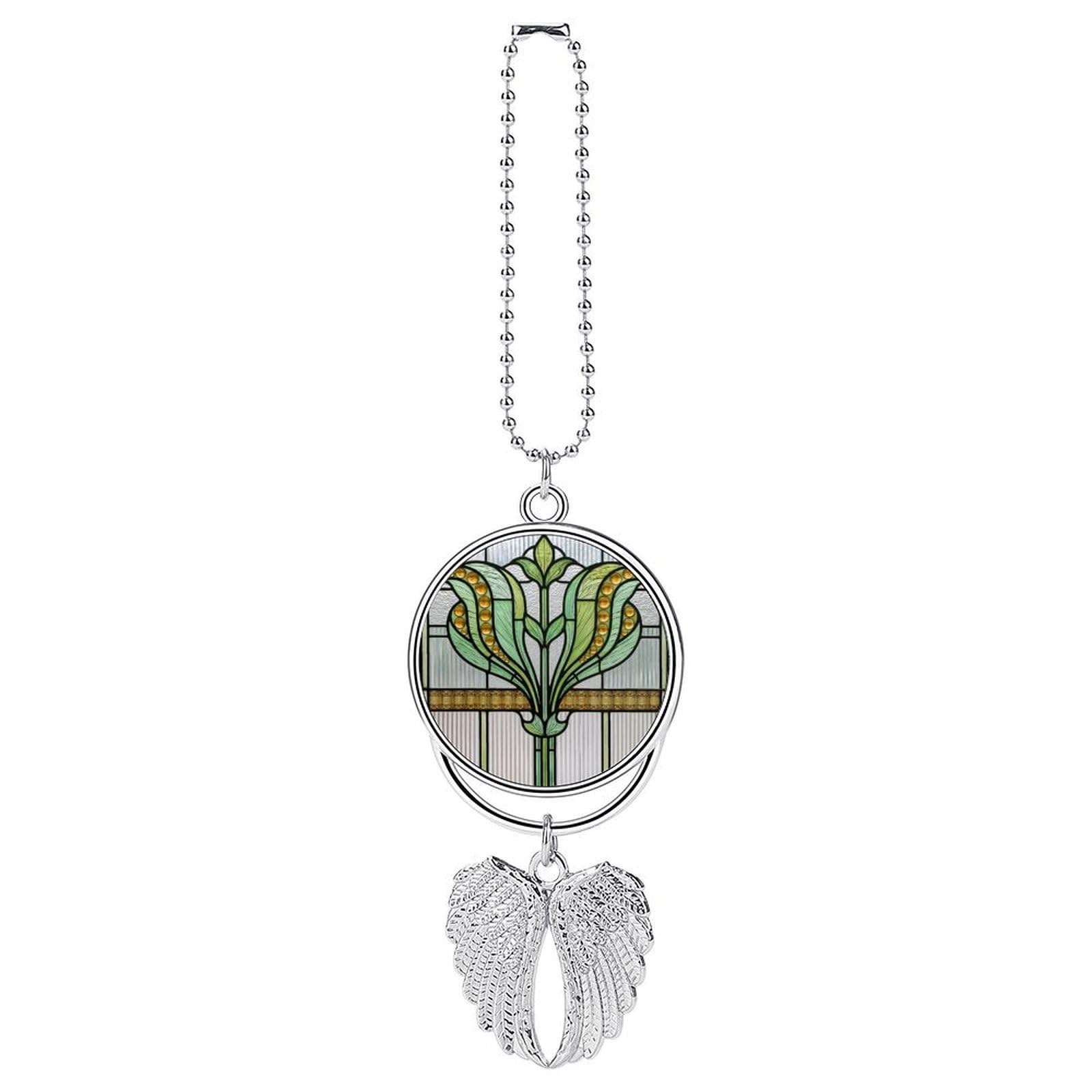 Stained Glass Panel Stylized Floral in Green Car Hanging Pendant Car Interior Decoration Rearview Mirror Charms Ornaments