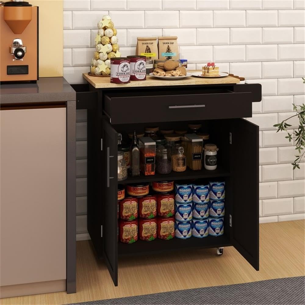 Pemberly Row Compact Rolling Kitchen Island, Black Finish, Drop-Leaf Wood Countertop, Storage Cabinet and Drawer, Side Rack, Locking Casters, Space-Saving Design for Small Kitchens or Apartments