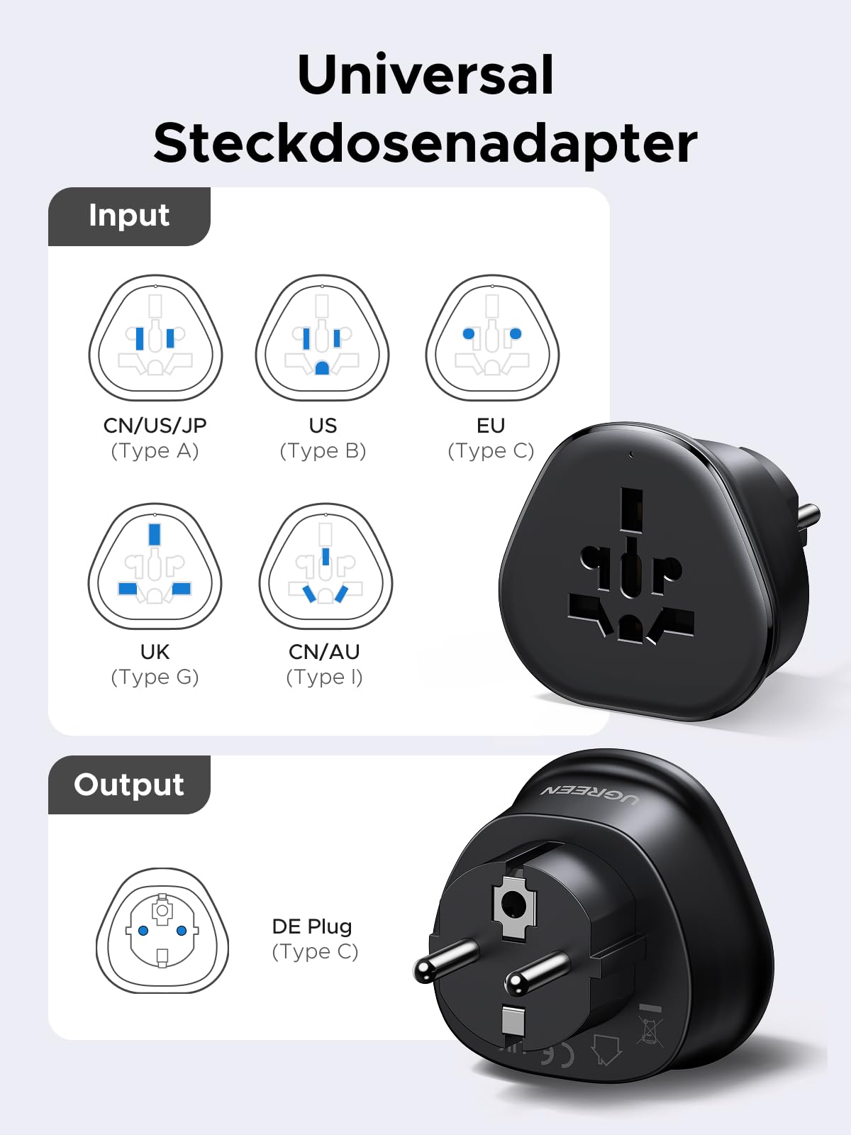 UGREEN Universal Reiseadapter für EU Steckdosen, weltweit kompatibel mit Deutschland, Korea, Thailand, Frankreich, Russland, US to EU Adapter, Adapter UK auf EU, 2300W Hochleistungsadapter (Type F) - 2