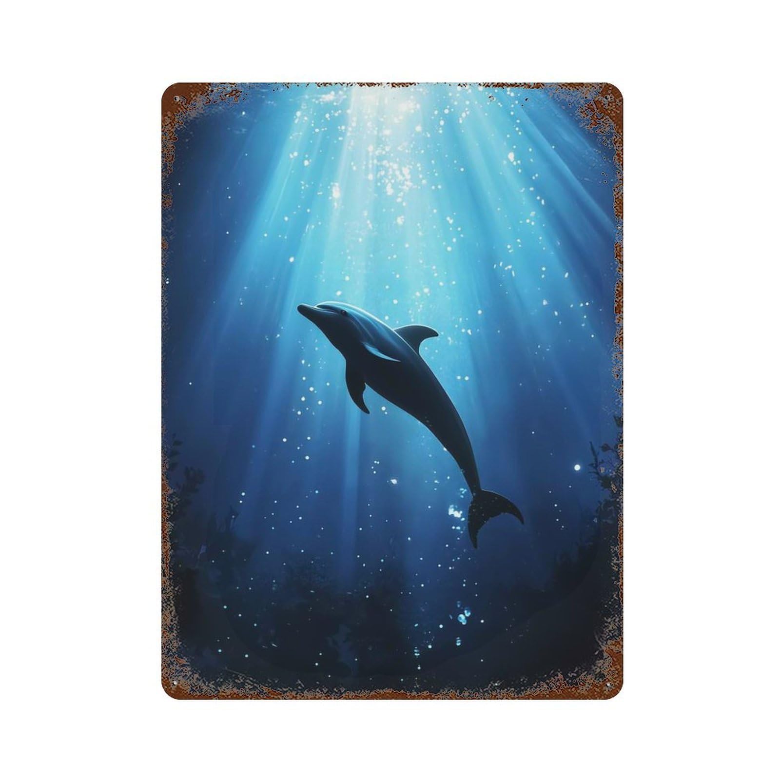 Dolphin Silhouette Underwater Weathered Tin Sign 15.7"x11.8", Industrial Home Decor for Basement, Hobby Room And Garage Decor