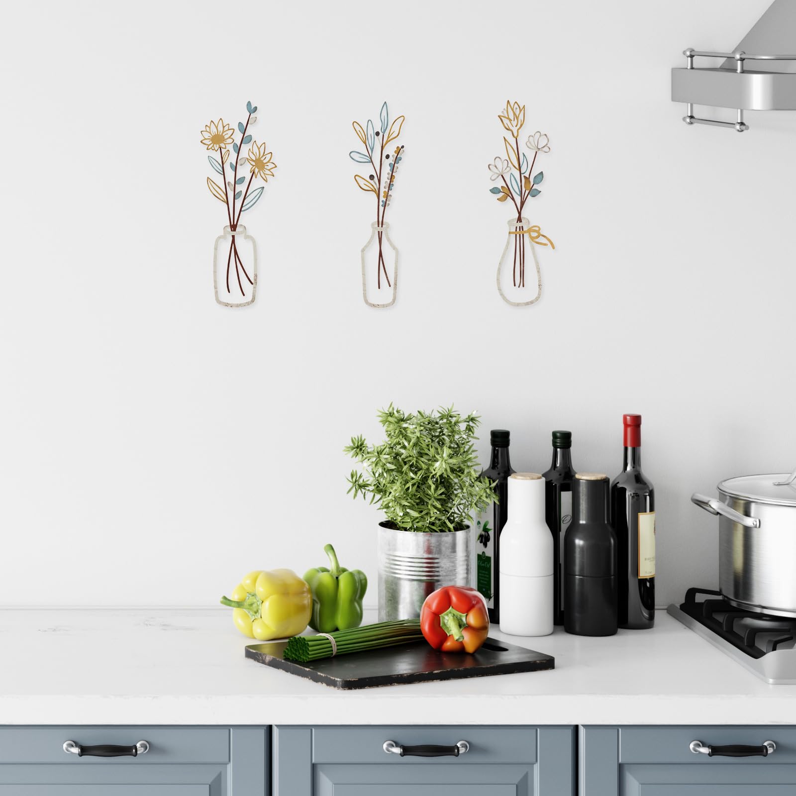 Flangairy 3-Piece Metal Flower Wall Decor - 5.1x2.1 Inch Wrought Iron Floral Sculptures For Bathroom Bedroom Kitchen