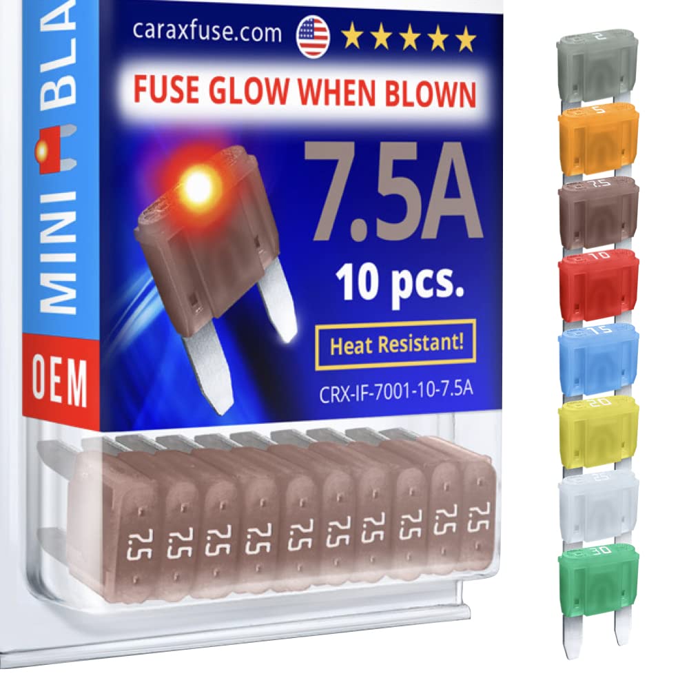 CARAX Glow Fuse – Premium Fuse Mini Blade – 7.5A Kit 10 pcs – Glow When Blown LED Automotive Fuse – Smart Auto Glow Fuse Easy Identification – 10 pcs.