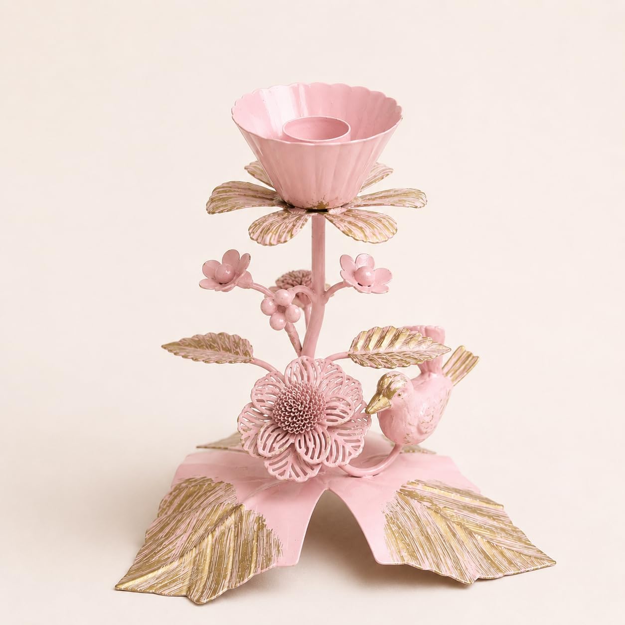 Rose Candle Holder | Bird & Botanical Tealight + Taper Cup | Handcrafted Metal & Romantic Candle Stand | Gift for Home Decor, Living Room, Festive Decoration & Bedroom (Pink + Gold)-image-43