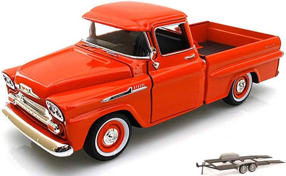 Diecast Car & Trailer Package - 1958 Chevy Apache Fleetside Pickup Truck, Orange - Motormax 79311 - 1/24 Scale Diecast Model Toy Car w/Trailer