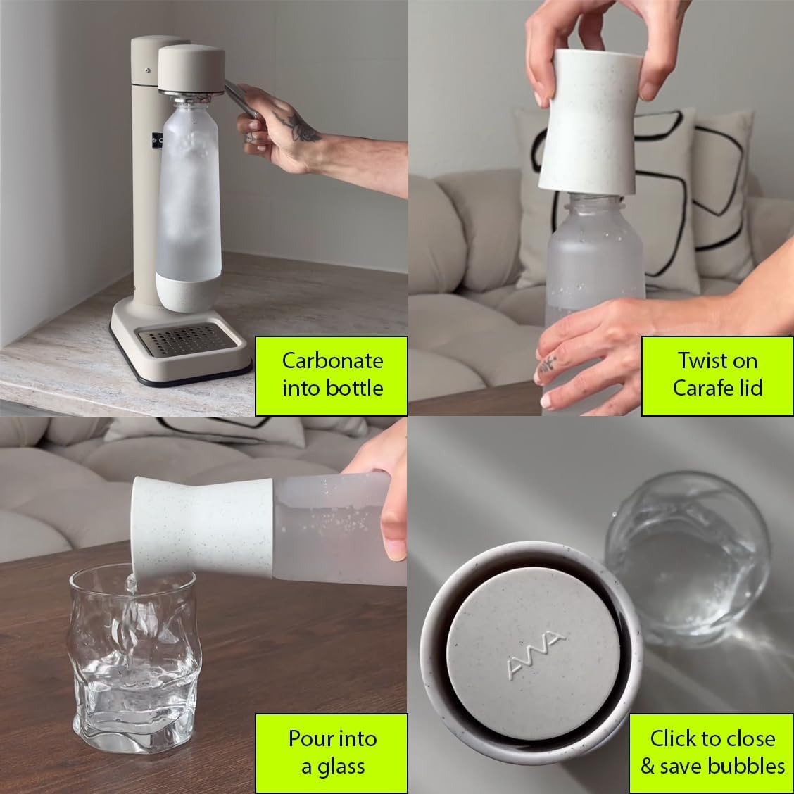 AWA Jarra de agua con gas, elegante botella de mesa, compatible con los modelos más populares, capacidad de 1 litro, diseño ecológico